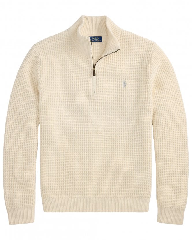 Polo Ralph Lauren Mens Regular Fit Waffle-Knit Quarter-Zip Jumper - Andover Cream 