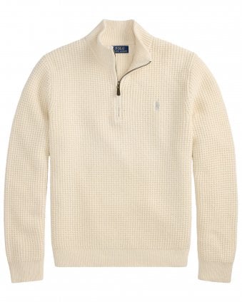 Mens Regular Fit Waffle-Knit Quarter-Zip Jumper - Andover Cream 