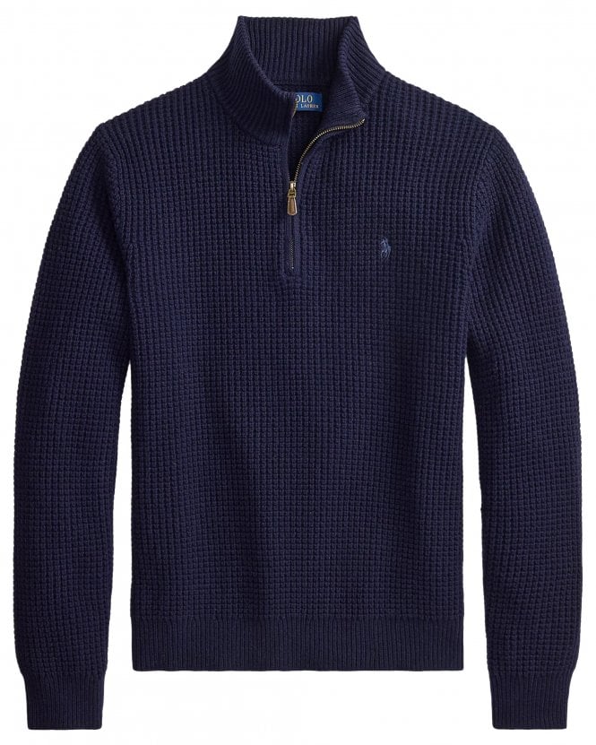 Polo Ralph Lauren Mens Regular Fit Waffle-Knit Quarter-Zip Jumper - Hunter Navy 