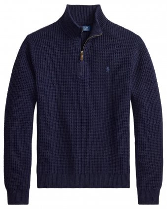 Mens Regular Fit Waffle-Knit Quarter-Zip Jumper - Hunter Navy 