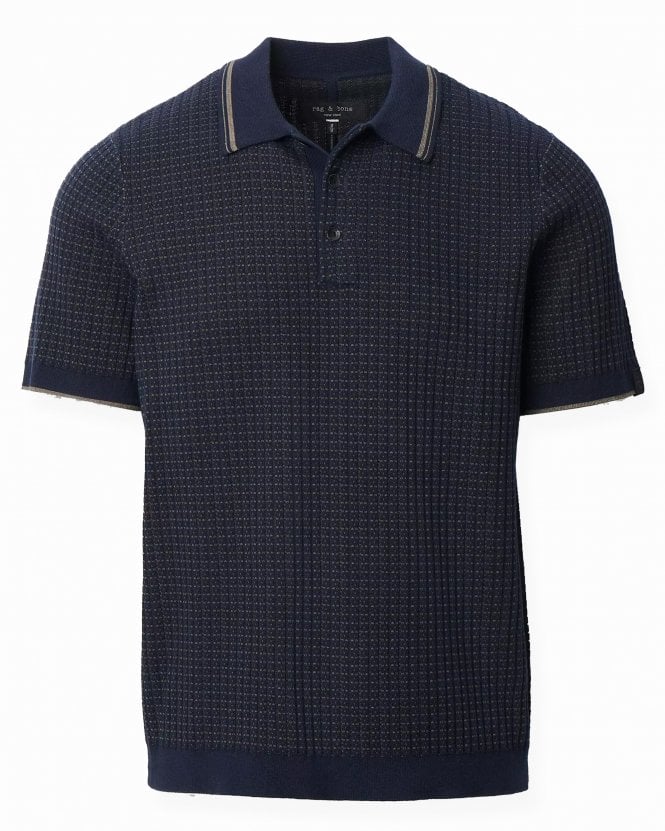 Rag & Bone Mens Harvey Classic Fit Rib-Knit Polo Shirt - Navy Blue