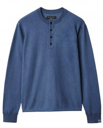 Mens Henley Classic Fit Button Collar Sweatshirt - Blue (Worn Indigo)