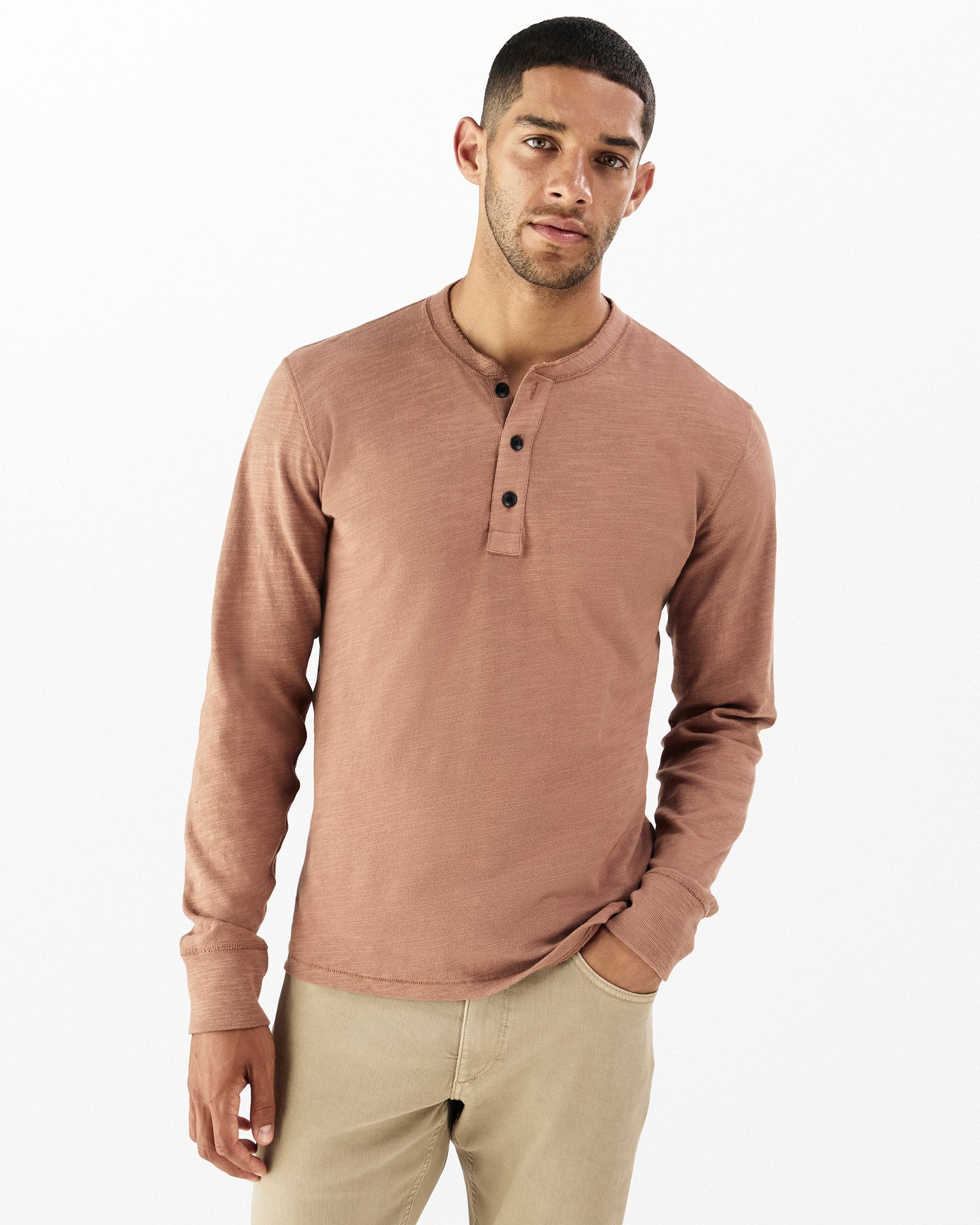 Mens Rag & Bone Rust Brown Classic Flame Long Sleeve Henley T