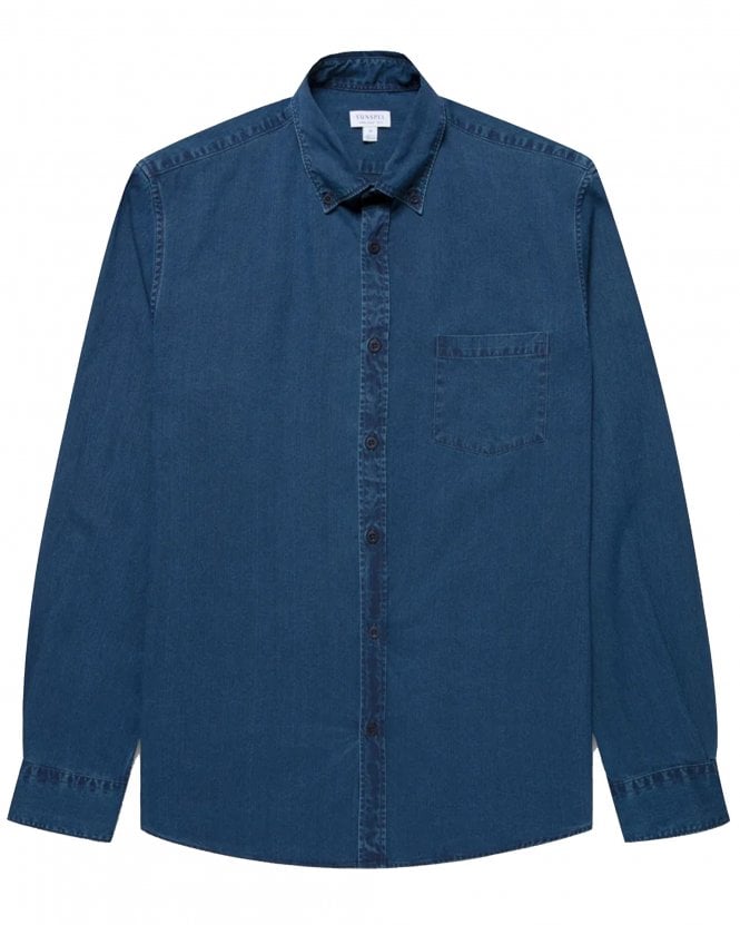 Sunspel Mens Regular Fit Button-Down Denim Long Sleeve Shirt - Indigo Blue