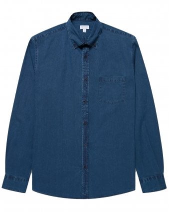 Mens Regular Fit Button-Down Denim Long Sleeve Shirt - Indigo Blue