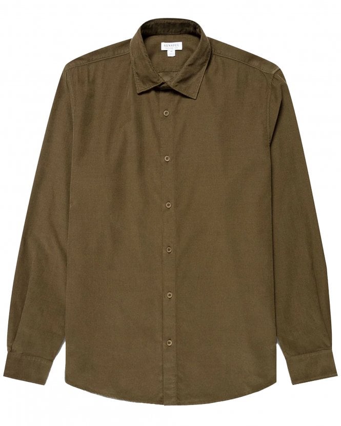Sunspel Mens Wale Regular Fit Fine Cord Shirt - Dark Green (Loden)