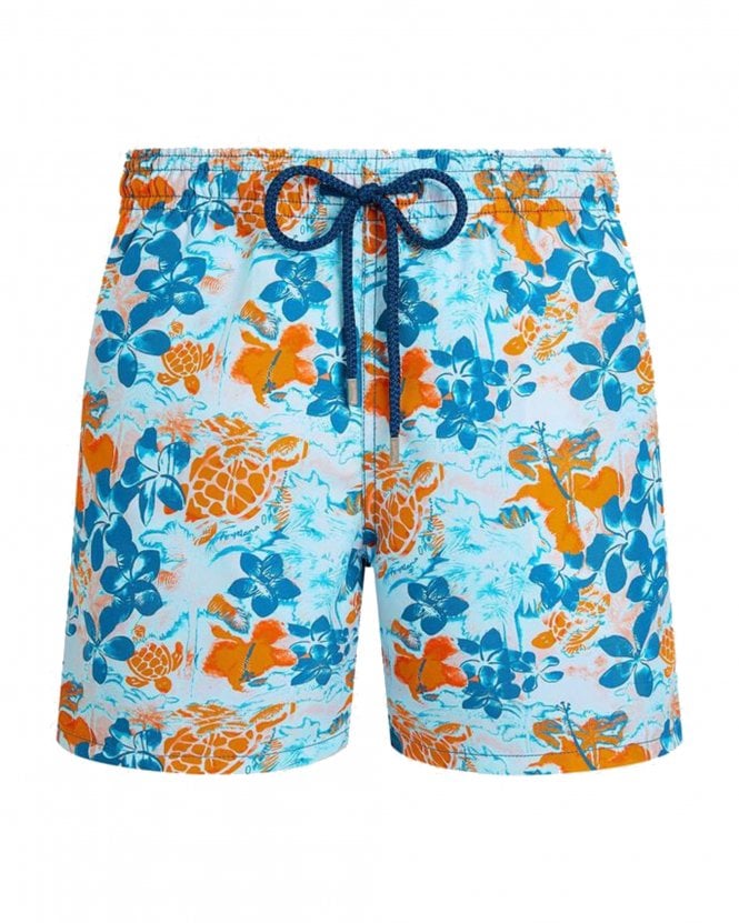 Vilebrequin Mens Moorea Jungle Turtles Swim Shorts - Multicolor (Blue/Orange)