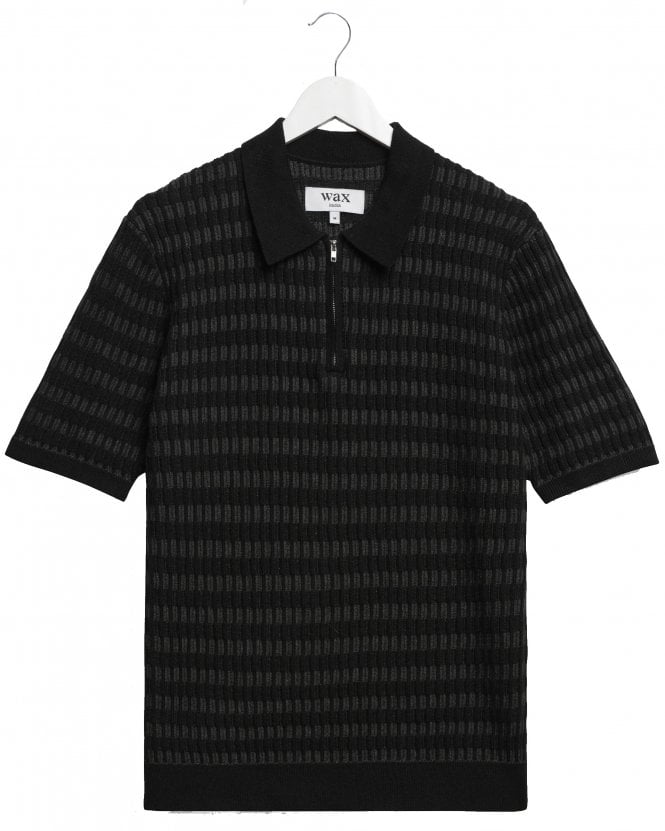Wax London Mens Bury Regular Fit Quarter Zip Knit Polo Shirt - Black Charcoal 