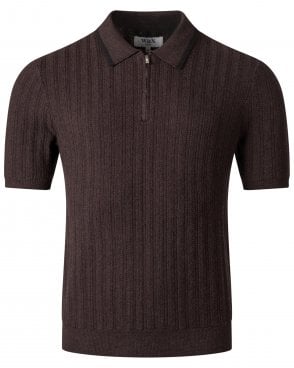 Mens Bury Regular Fit Quarter Zip Knit Polo Shirt - Dark Brown