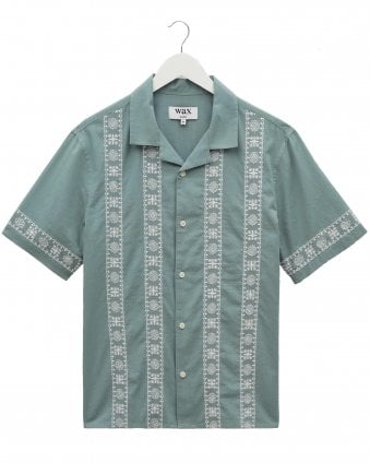 Mens Didcot Relaxed Fit Embroidered  Shirt - Sea Green/Ecru 