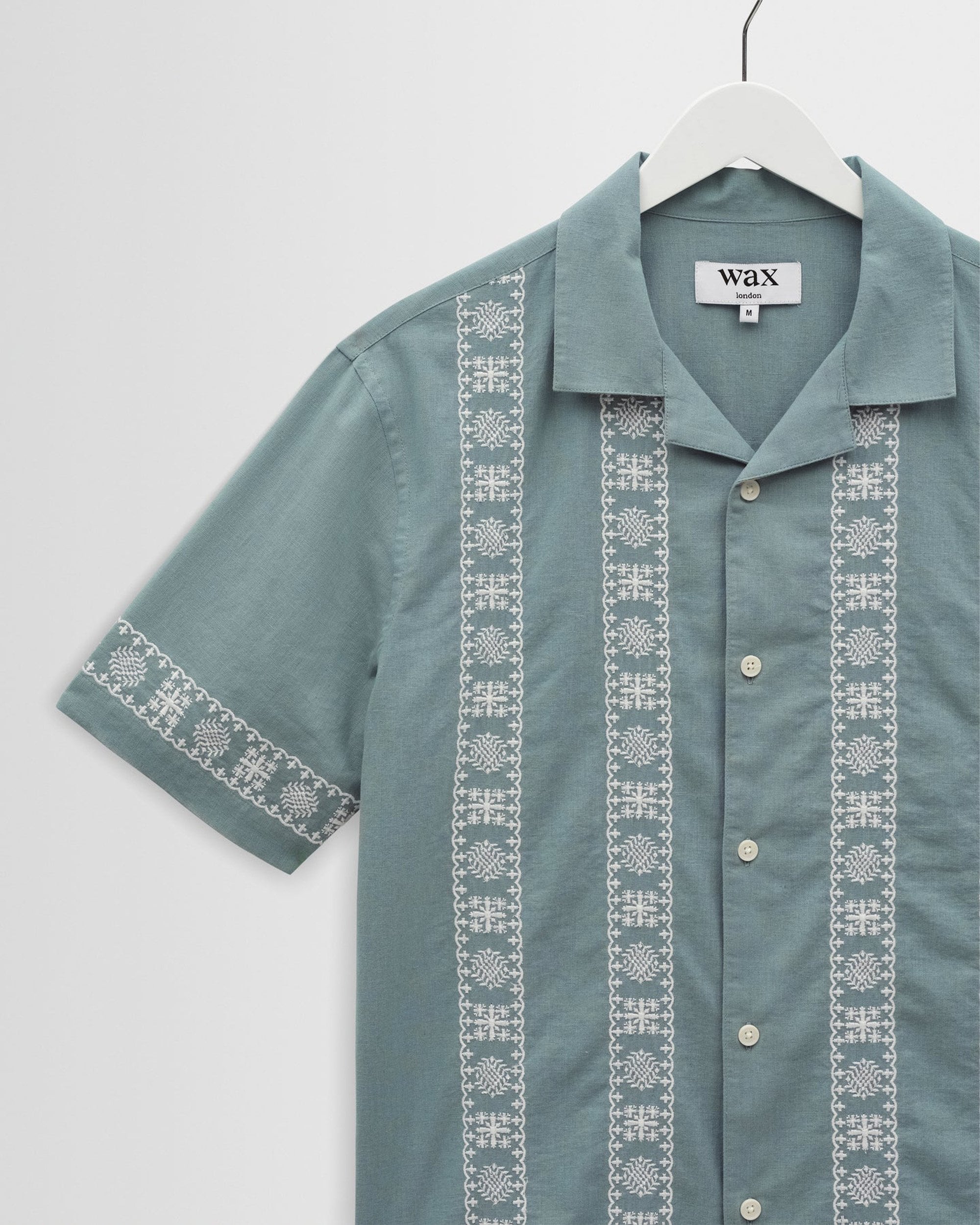 Mens Wax London Sea Green and Ecru Embroidered Didcot Shirt 