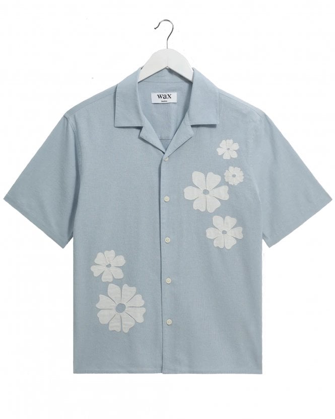 Wax London Mens Didcot Relaxed Fit Floral Applique Short Sleeve Shirt - Blue/Ecru 
