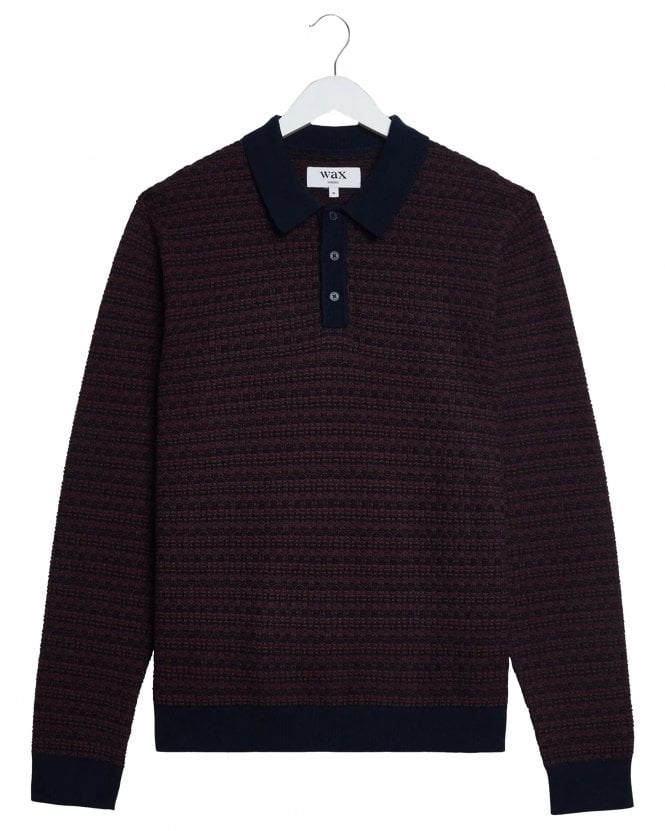 Wax London Mens Oban Regular Fit Geometric Long Sleeve Knitted Polo Shirt - Brown/Navy 