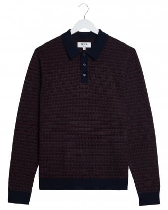 Mens Oban Regular Fit Geometric Long Sleeve Knitted Polo Shirt - Brown/Navy 