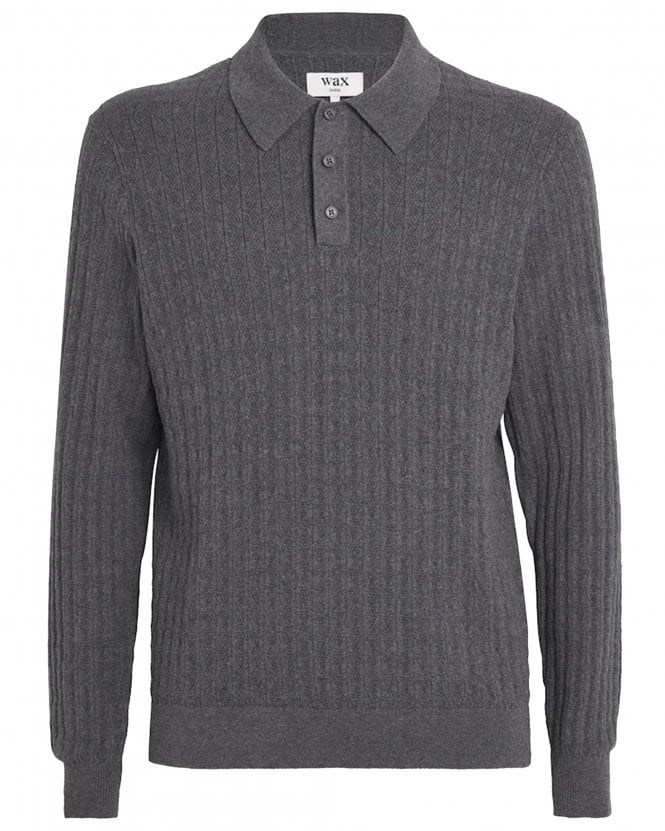 Wax London Mens Oban Regular Fit Geometric Long Sleeve Knitted Polo Shirt - Grey