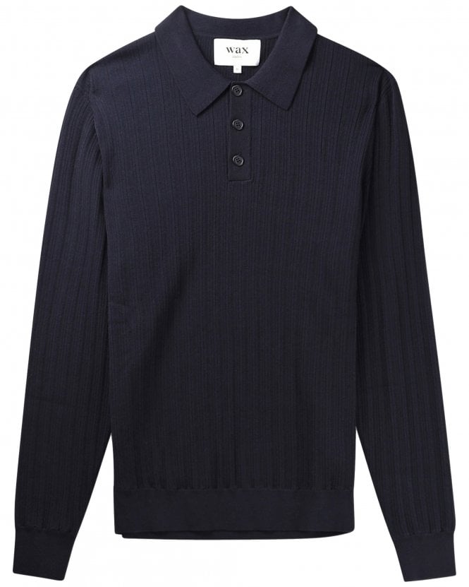 Wax London Mens Oban Regular Fit Geometric Long Sleeve Knitted Polo Shirt - Navy