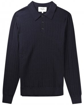 Mens Oban Regular Fit Geometric Long Sleeve Knitted Polo Shirt - Navy